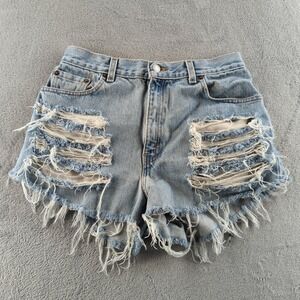 Vintage 90s Levis 550 Jean Shorts Womens 10 Blue Light Wash Distressed Cut Off